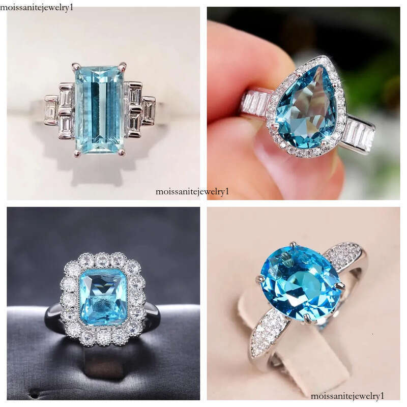 Wholesale Bulk Aquamarine Cluster Rings Sier Wedding Engagement For Women Huge Sky Blue Cubic Zircon Prong Setting Valentine's Gift