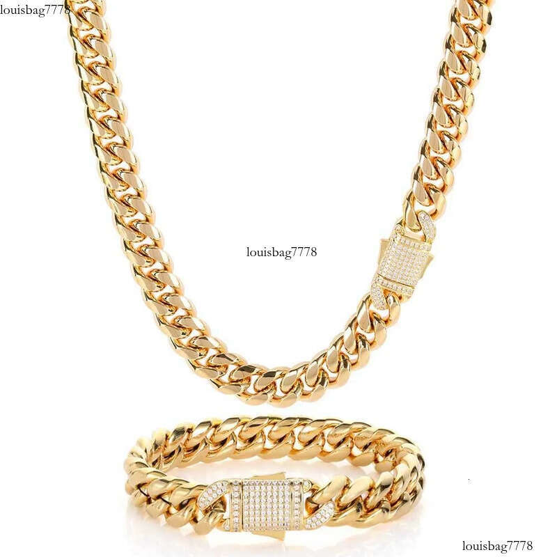 10/12MM Titanium Steel Plated Gold Miami Cuban Link Chain Mens Necklace Inlaid CZ Dia In Spring Buckle Personalized chains Hip Hop Designer Jewelry Gi