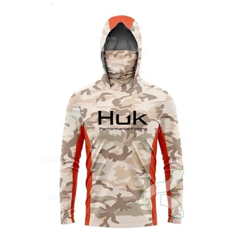 HUK Fishing Shirt Long Sleeve AntiUV Fishing Hooded Shirts With Face Mask Fish Clothing Outdoor Sun Protection Tshirts UPF 50 250929