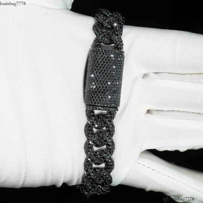 New Design 14MM Black Moissanite Cuban Chain Necklace High Quality Round Brilliant Cut Dia Sier Link Bracelet