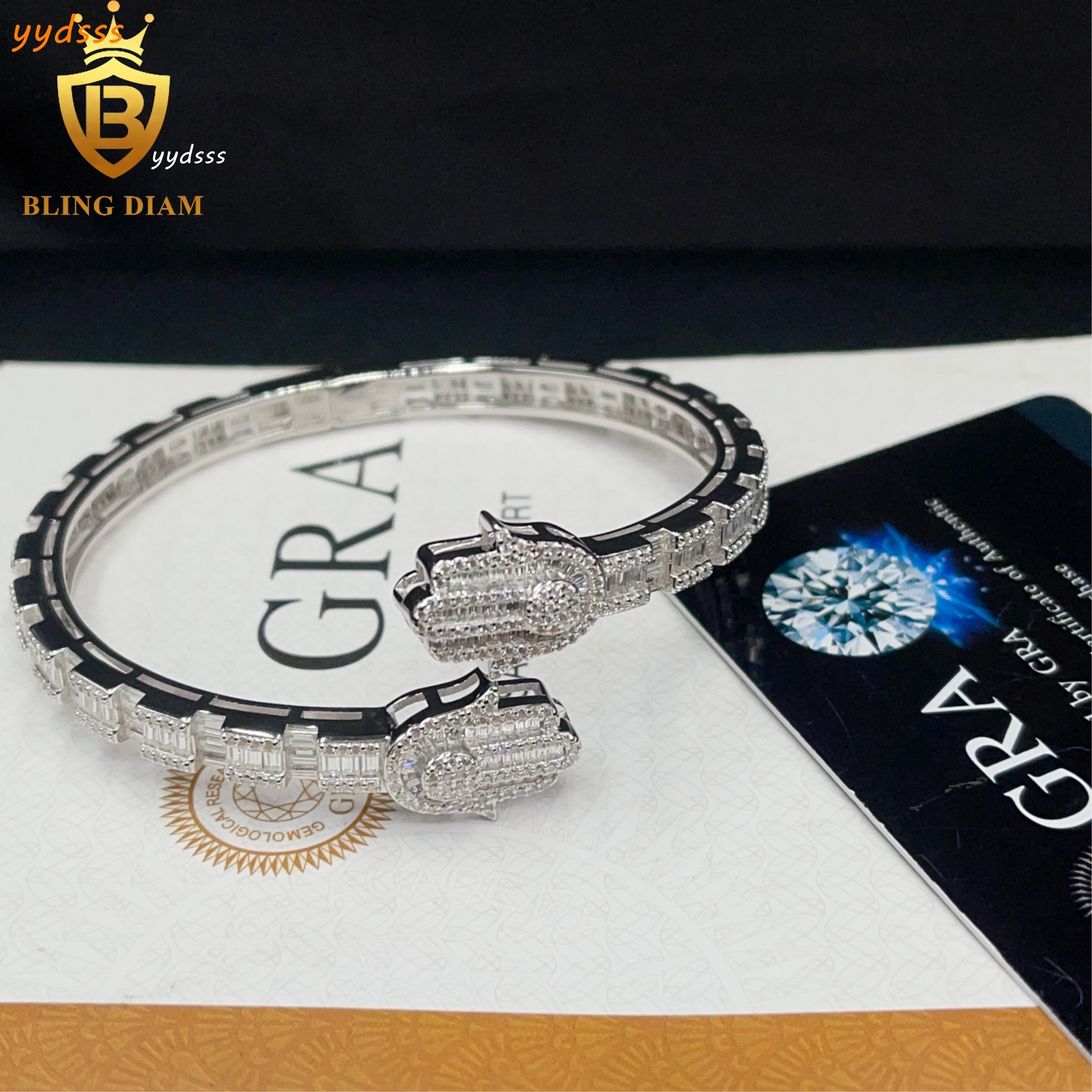 6mm New Hamsa Hand Design Fashion Jewelry Open Bracelet 925 Sliver Iced Out Baguette Moissanite Bracelets