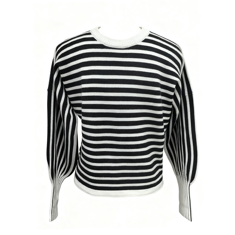 Women's Blouses & Shirts Women's Black and White Striped Round Neck Pullover Sweater - Lantern Sleeve Loose Fit Knitwear for Autumn AS24-023