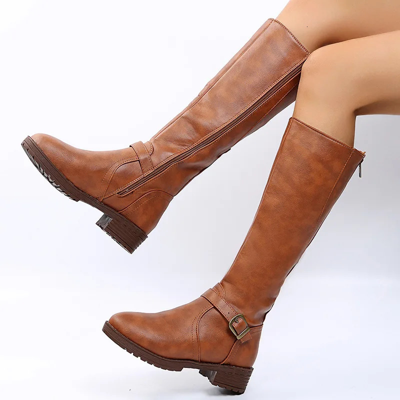 Women Knee High Boots Platform Long Boots Low Heels Round Toe Shoes Zip Brown High Boot Vintage Pu Leather Women Boots 250929