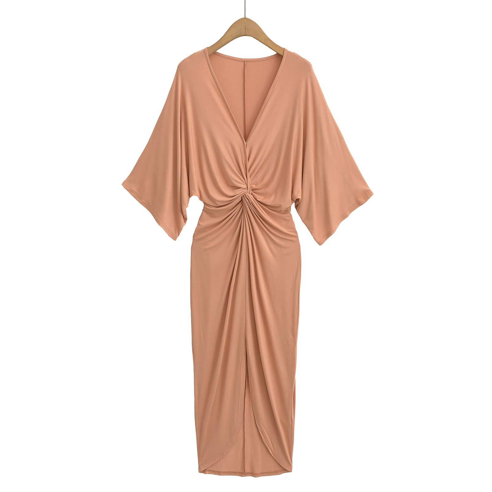 D24013 Temperament Elegant V-neck Dress Women's Summer Slit Knitted Hip Skirt Long Skirt