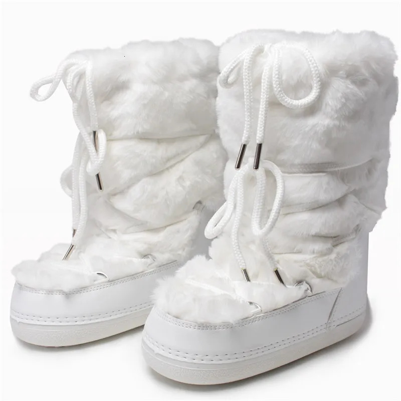 2025 Winter White Midcalf Boots Women Fur Boots Fluffy Fur Snow Boots Female Thick Fur Nonslip Cotton Boots 250922