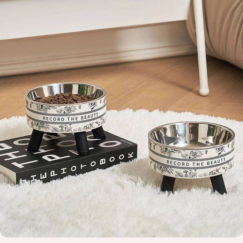 Pet high-foot for cats dogs stainless steel large capacity neck protection anti-slip and overturned pet bowl
