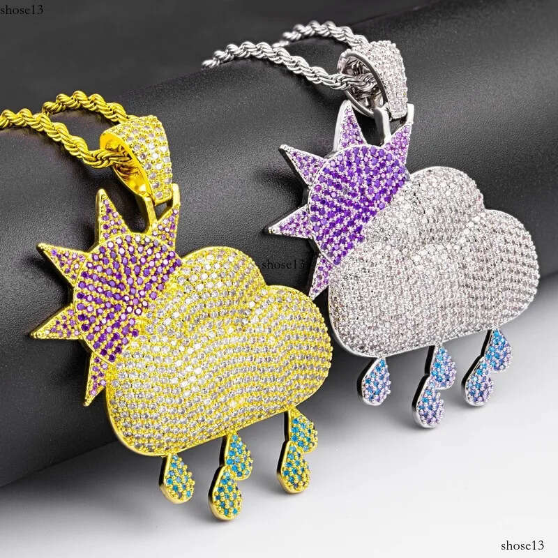 Iced Out Full Zircon Sun Cloud Rain Pendant Necklace with Free Rope Chain Gold Sier Plated Mens Women Hip Hop Jewelry Gift