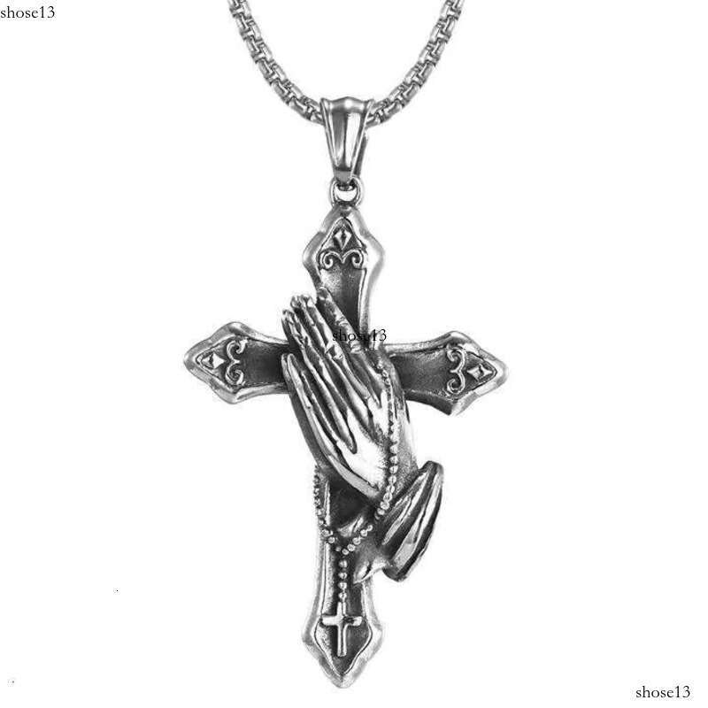 DHCollections Stainless Steel Cross Necklace with Praying Hands Pendant Chain Retro Style for Men
