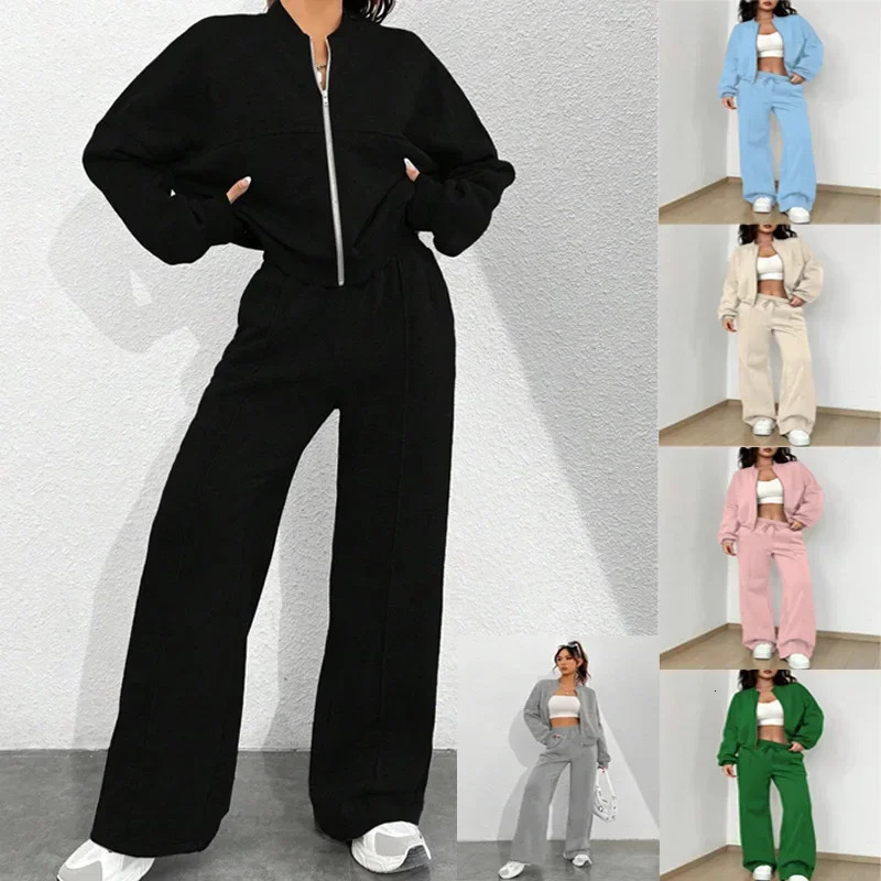 American Solid Womens Zipper Hoodie Hoodies Autumn Fashion Womens Sweatshirt And Sports Pants Twopiece Set Y2K Streetwear 250922