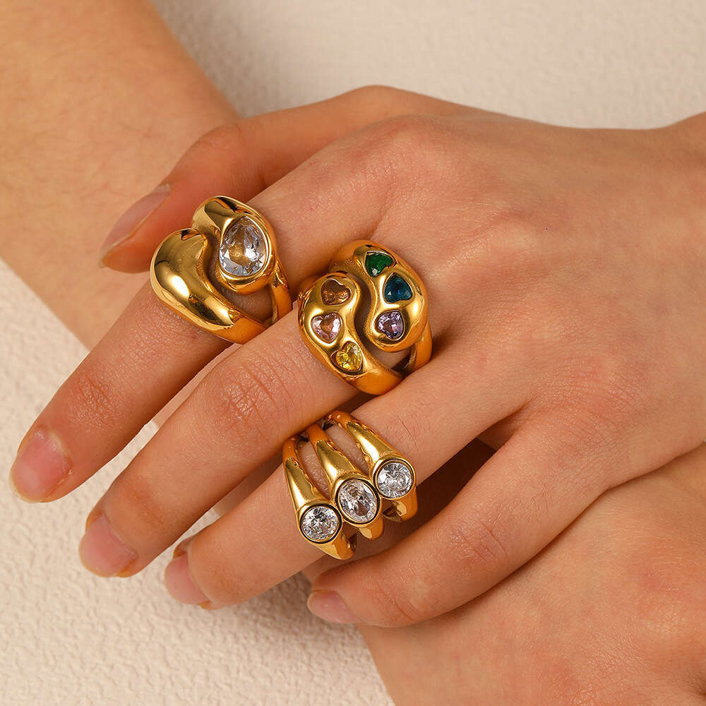 Diamond-encrusted Heart Titanium for Women, Personalized Fashionable High-end Water Drop Shaped Colored Diamond Stainless Steel Ring Jewelry