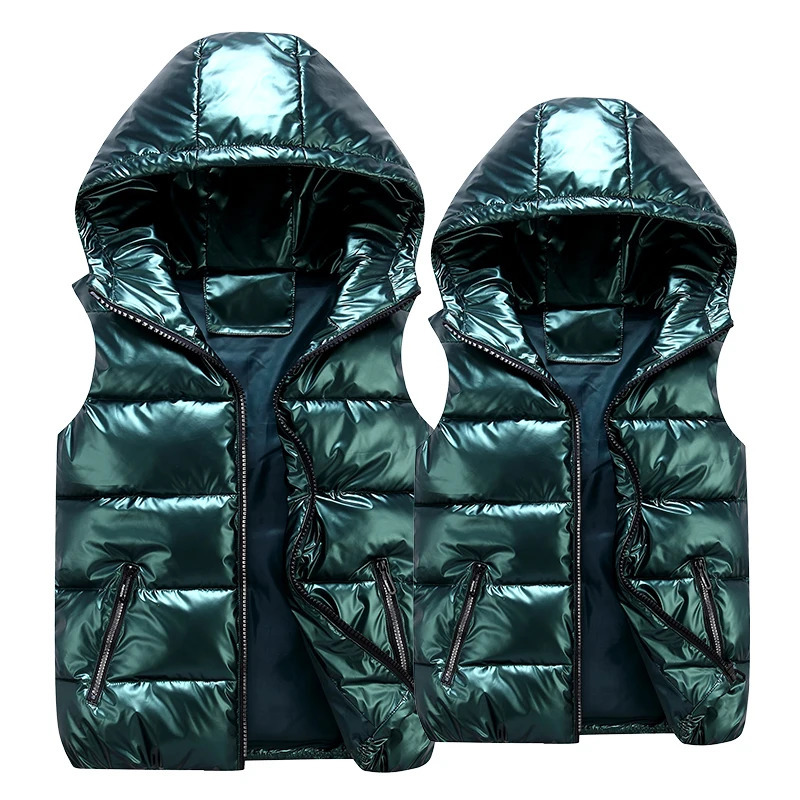 Classic Hooded Vest ManWomanChild Winter Hooded Glossy Cotton Vest Casual Waistcoat Mens Sleeveless Jacket Warm Overcoats Hat 250911