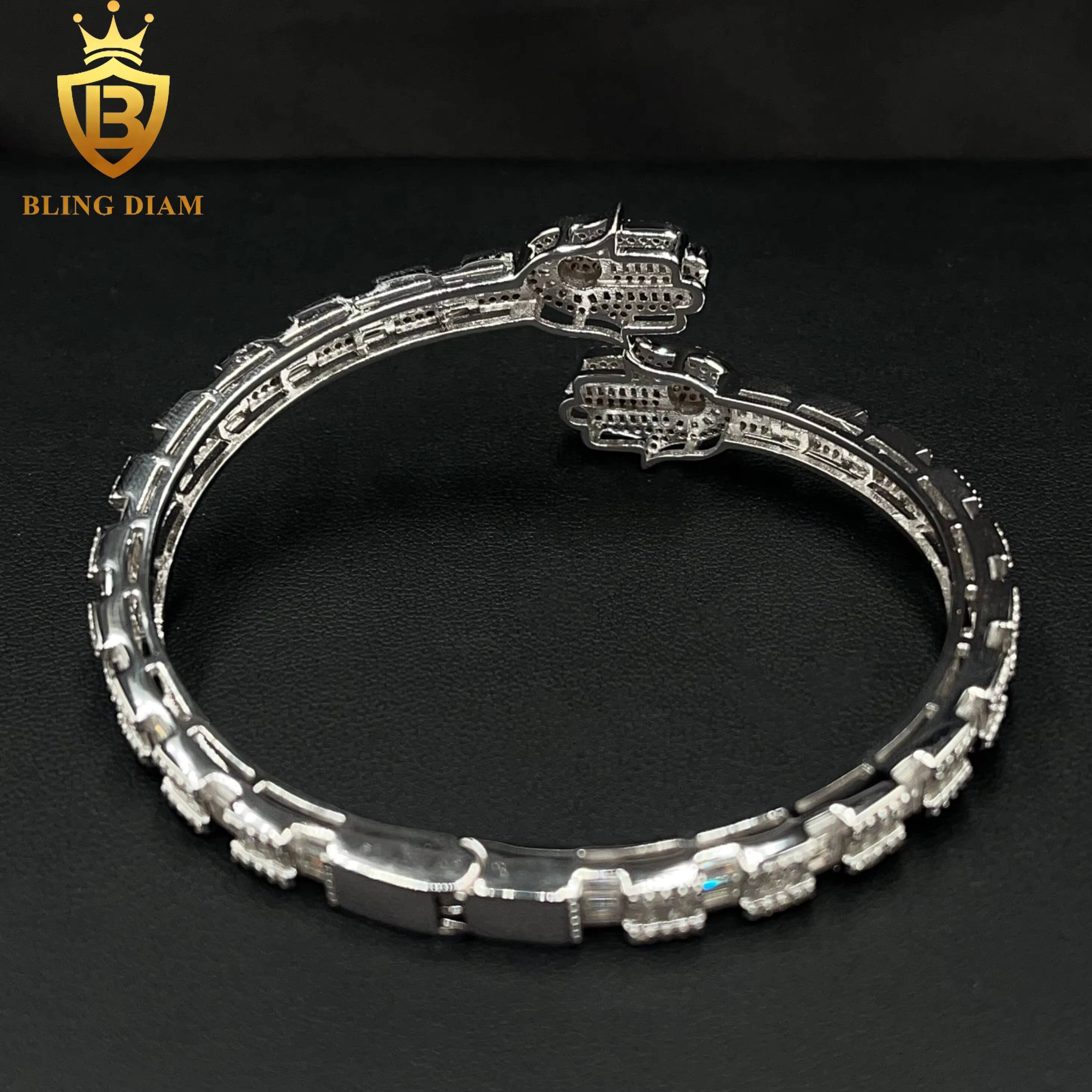 6mm New Hamsa Hand Design Fashion Jewelry Open Bracelet 925 Sliver Iced Out Baguette Moissanite Bracelets