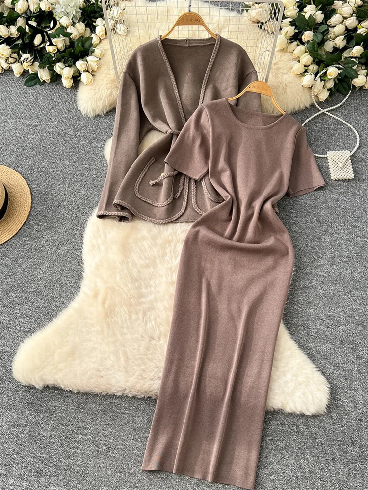 SINGREINY Office Ladies Autumn Knit Suits Long Sleeves Lace Up CardiganO Neck High Elastic Slim Fit Dress Senior Solid Sets 250818wtt