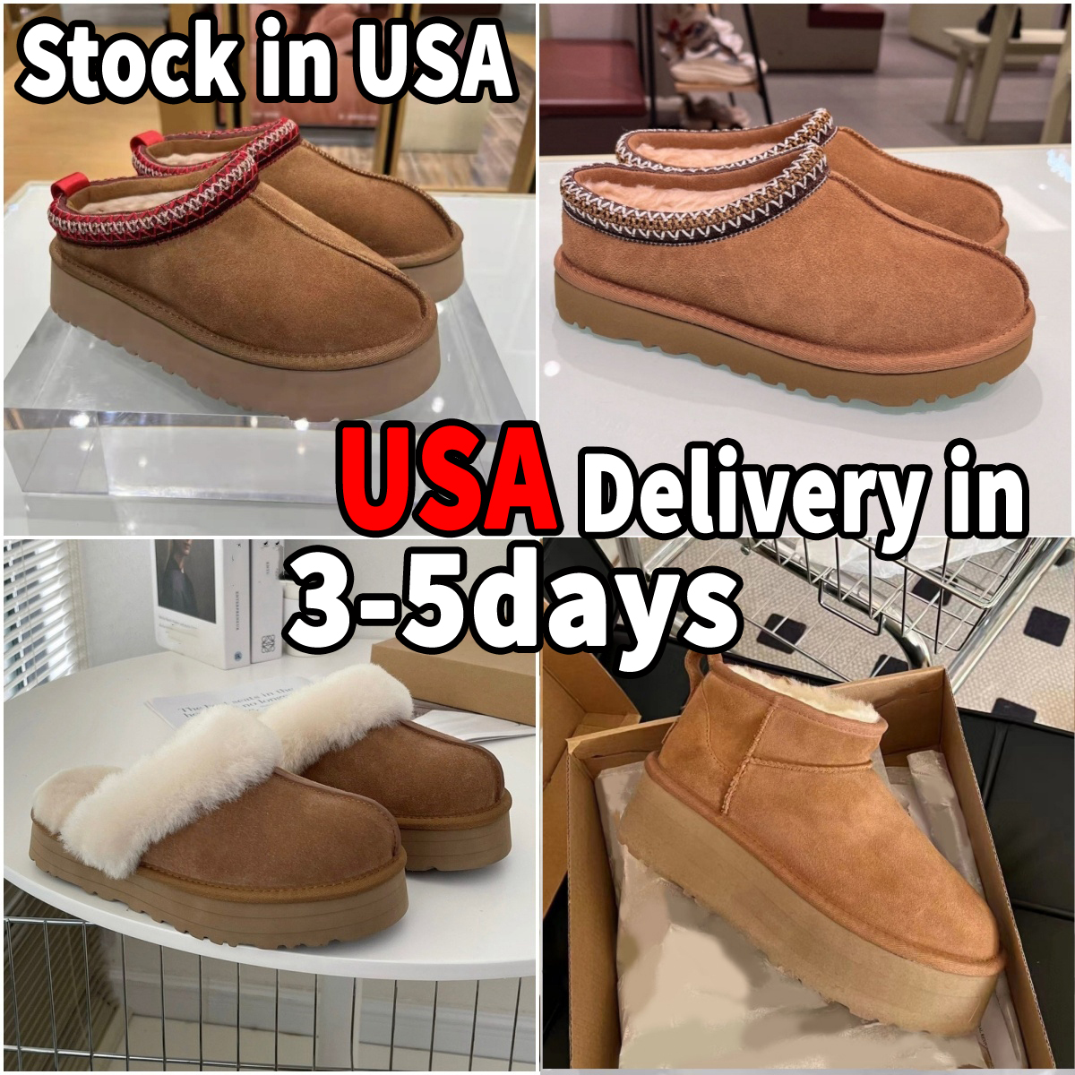Designer Boots Women Ultra Mini Tasman Slippers Slides Tazz Platform Shoes Snow Chestnut Wool Winter Fluffy Boot Fur Slipper Ankle Sheepskin Top Quality Fast Ship