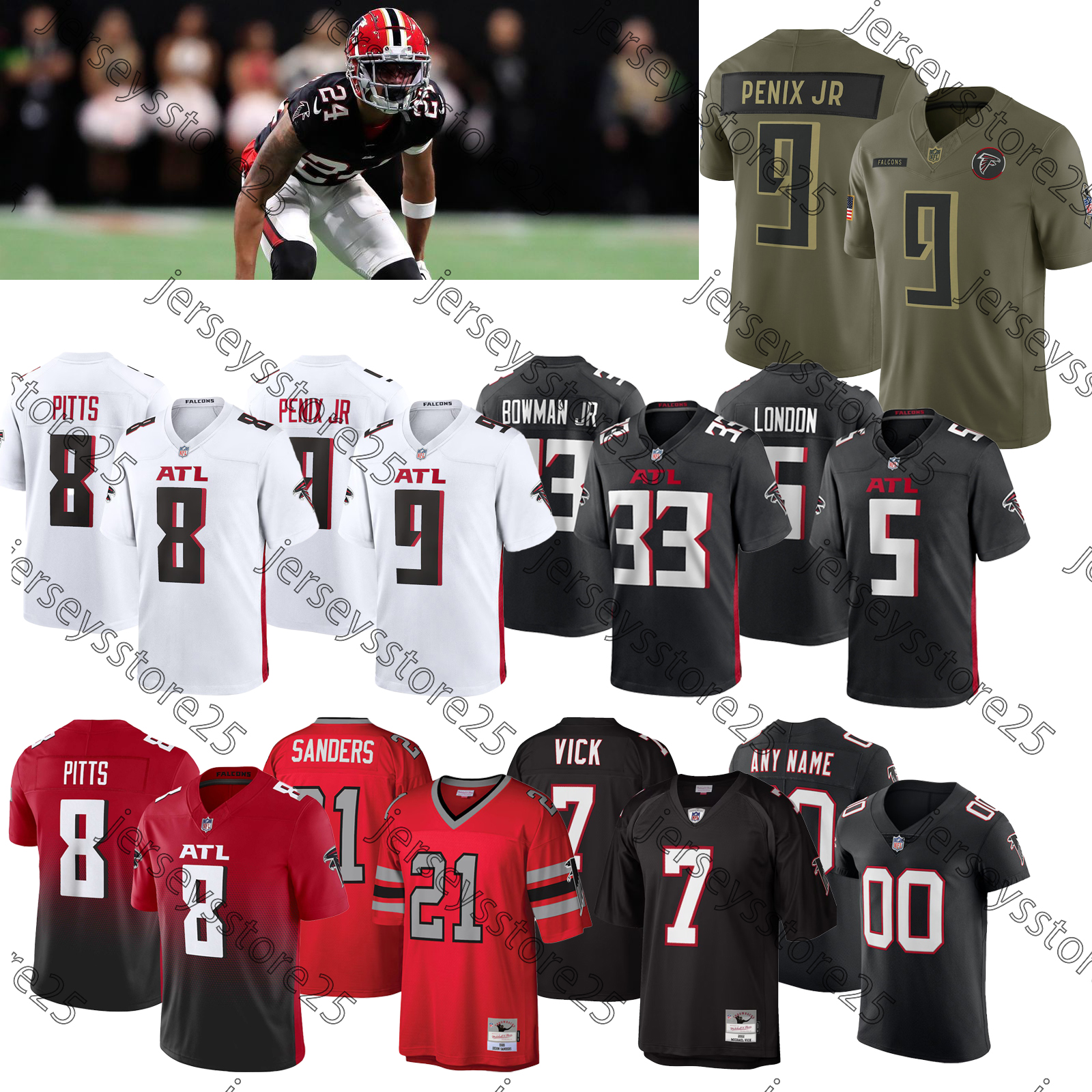 Bijan Robinson Football Jersey Falconss Michael Penix Jr. Drake London Deion Sanders Jessie Bates III Kirk Cousins Darnell Mooney Divine Deablo Jersey