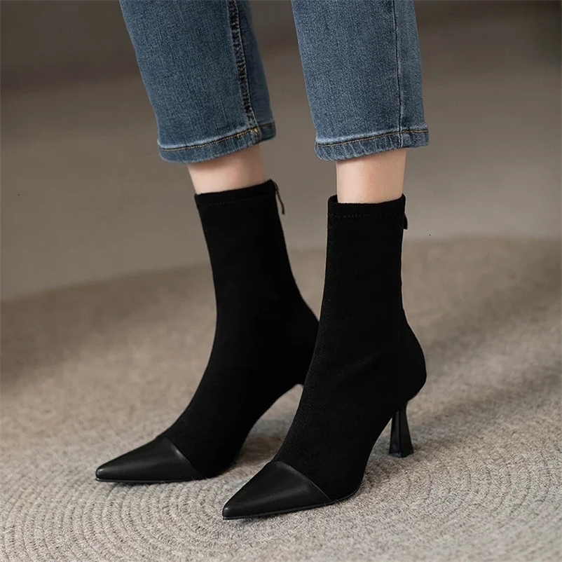 Suede Pointed Toe Women Chelsea Boots Ankle High Heels Designer Shoes Winter Fashion Trend Walking Goth Mujer Zapatos 241211