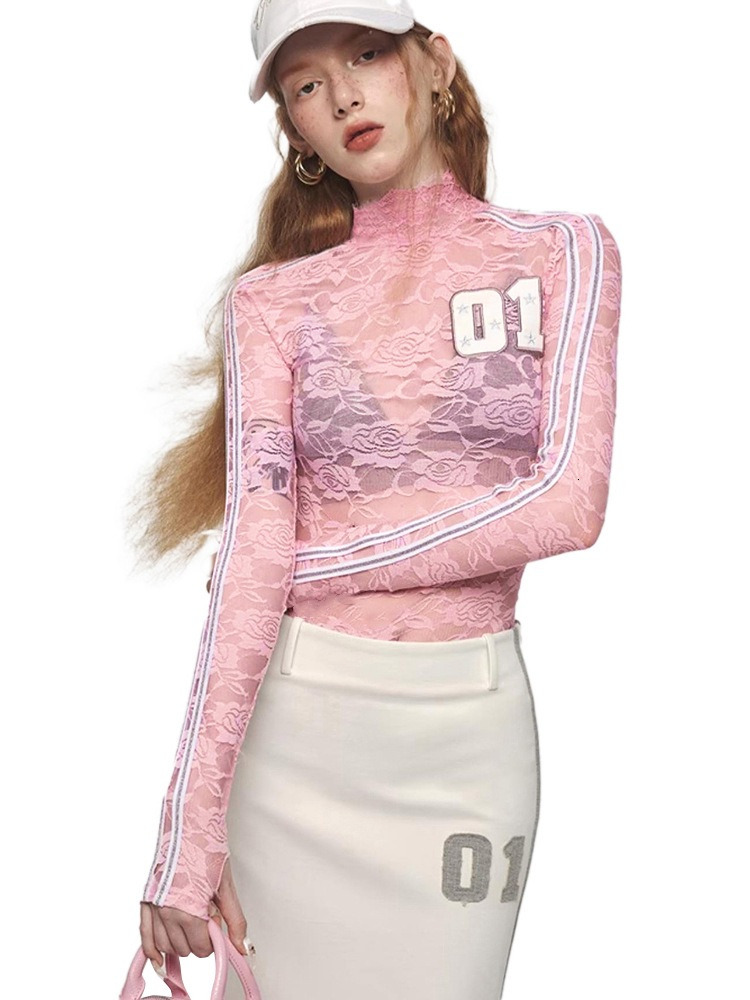 Women's Autumn New Collection: Digital Embroidery High Neck Lace Perspective Set, Finger Long Sleeve Top, T-shirt