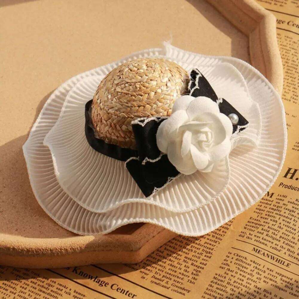 Pet Accessories Ins Style Camellia Decorative Adjustable Cat Sun Straw White Dog Bowknot Hat Beach