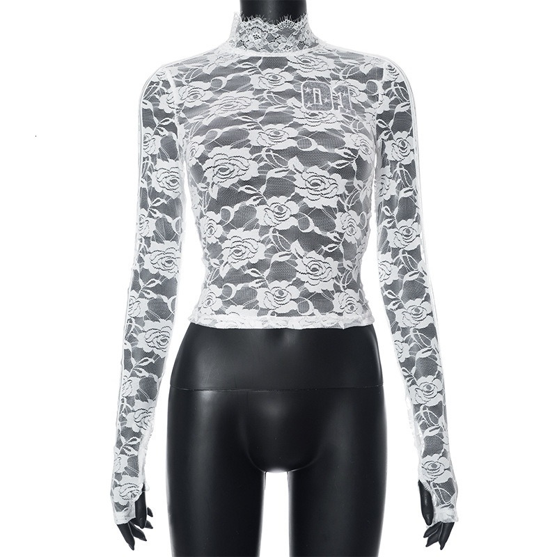 Women's Autumn New Collection: Digital Embroidery High Neck Lace Perspective Set, Finger Long Sleeve Top, T-shirt