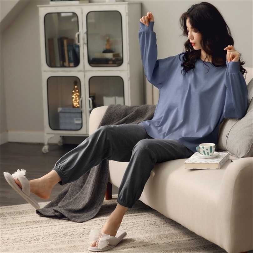 Home wear Long Sleeve autumn winter Pajamas Sets Women solid 100% Cotton Sleepwear Lounge indoor clothing Plus Size 201027wtt