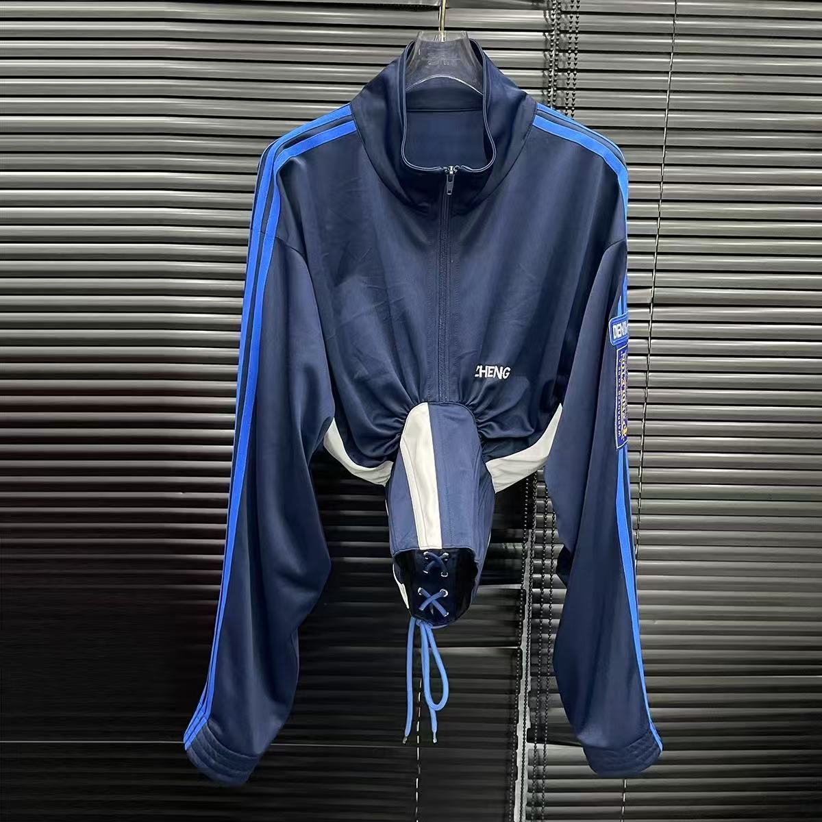 American Style Color Block Patchwork Short Jacket for Women with Tie Design Fishbone Waist Slimming Stand Collar Sun Protection Shirt Top Trendy 25030