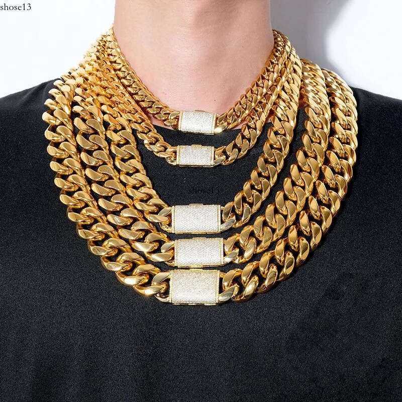 Miami Cuban Link Chain Necklace Designer 8/10/12/14mm Wide Micro Inlaid 5A CZ Dia In Buckle Rock Rapper Hip Hop Gold Mens Jewelry Women Luxe Gift