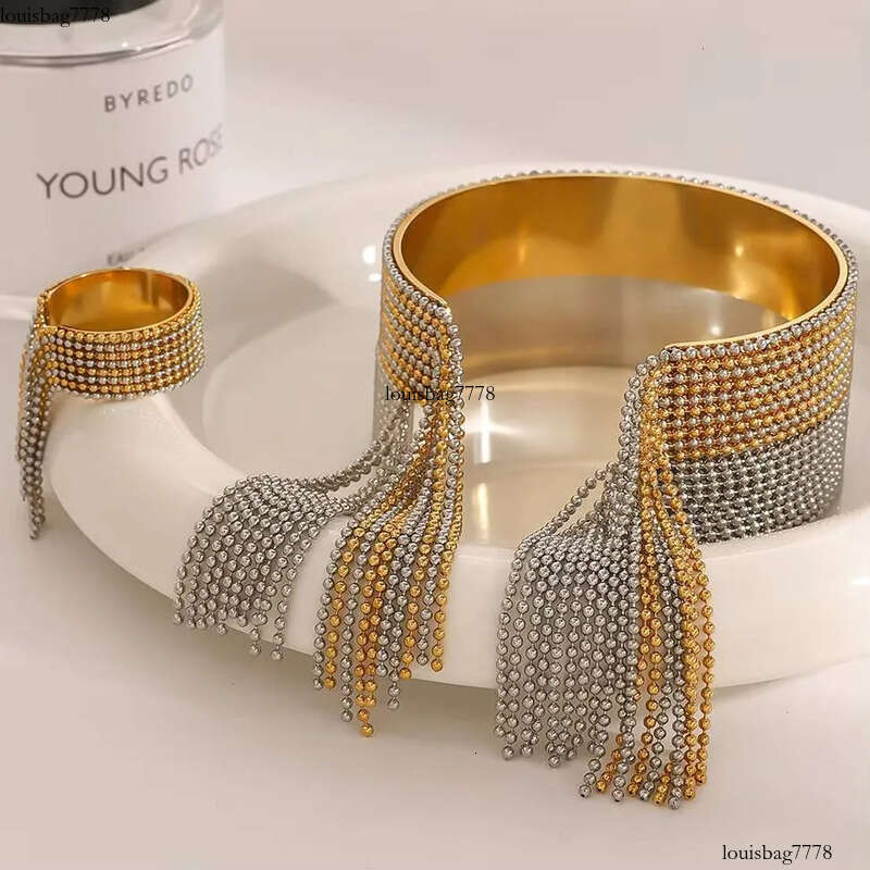 2025 Designer Gold Plated Stainless Steel Two Tone Chain Tassel Bracelet Adjustable Ring Set Stylish Jewelry for Gift