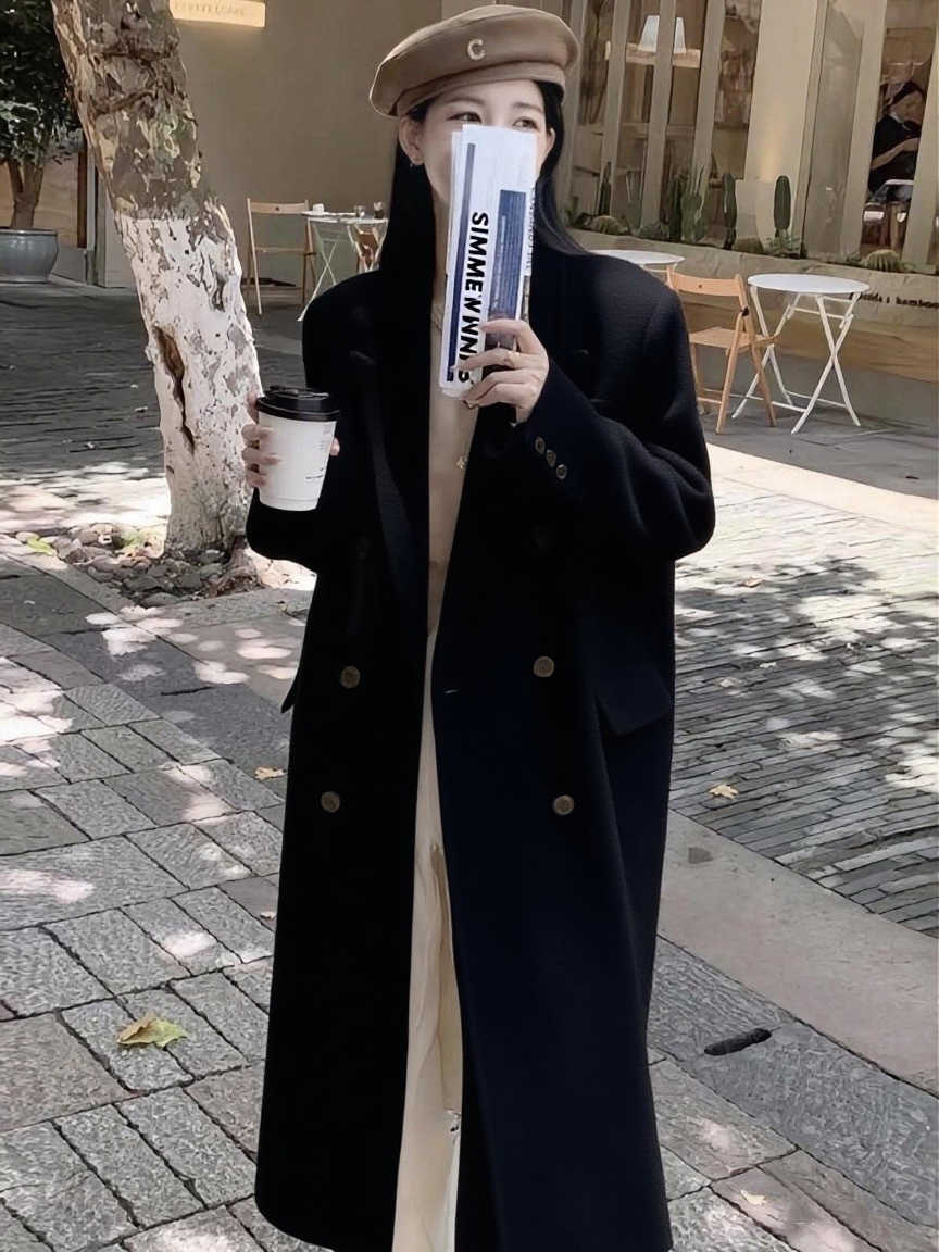 High-end relaxed style double-breasted suit, vintage wool coat, rare French mid-length women's outerwear