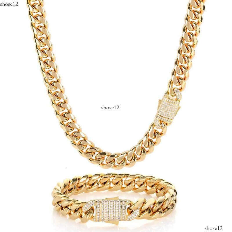 10/12MM Titanium Steel Plated Gold Miami Cuban Link Chain Mens Necklace Inlaid CZ Dia In Spring Buckle Personalized chains Hip Hop Designer Jewelry Gi