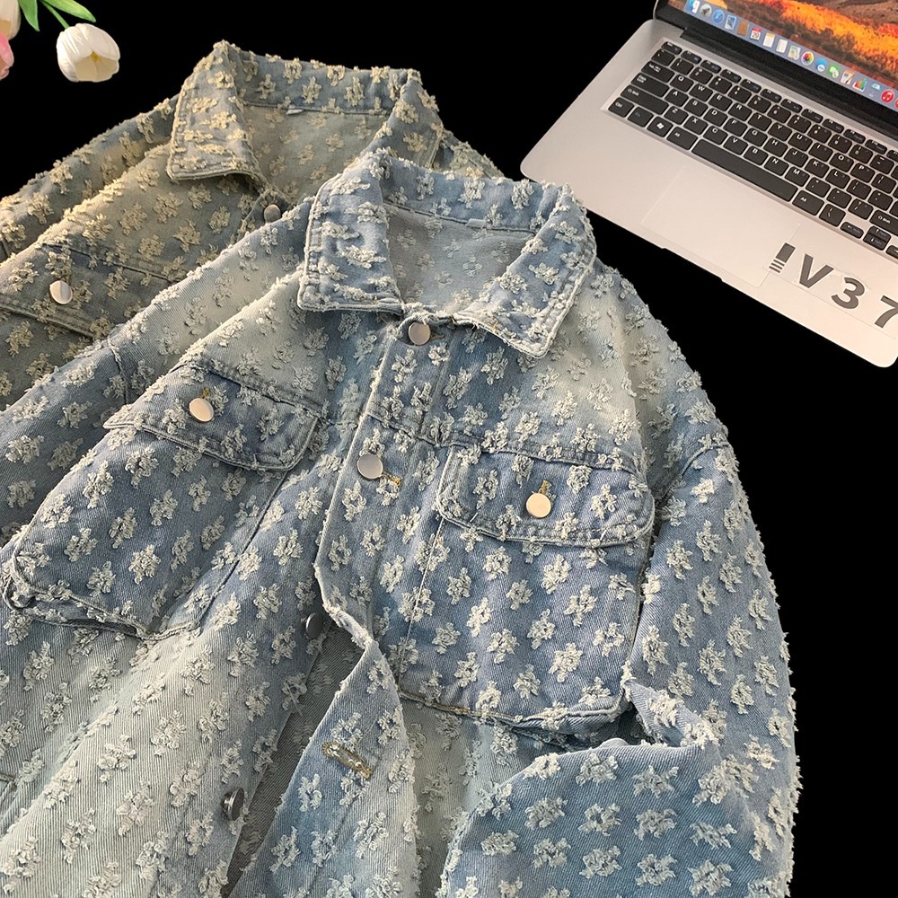 Men's Design Trendy Brand Retro Water Washed Vintage Jacquard Cowboy Jacket Loose and Casual Versatile Full Print Couple Jacket y2k