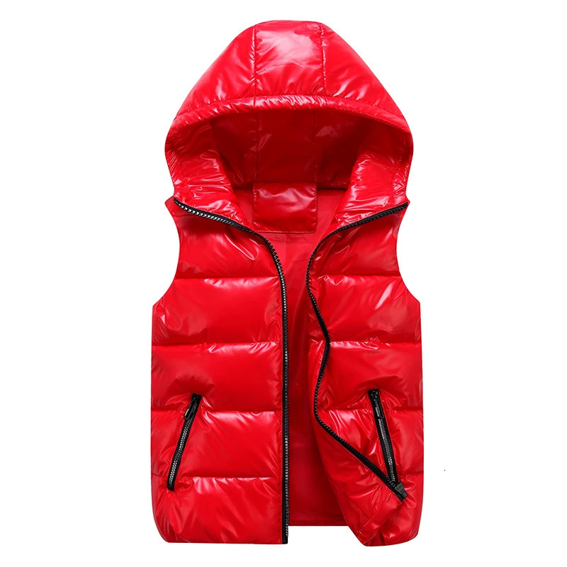 Classic Hooded Vest ManWomanChild Winter Hooded Glossy Cotton Vest Casual Waistcoat Mens Sleeveless Jacket Warm Overcoats Hat 250911