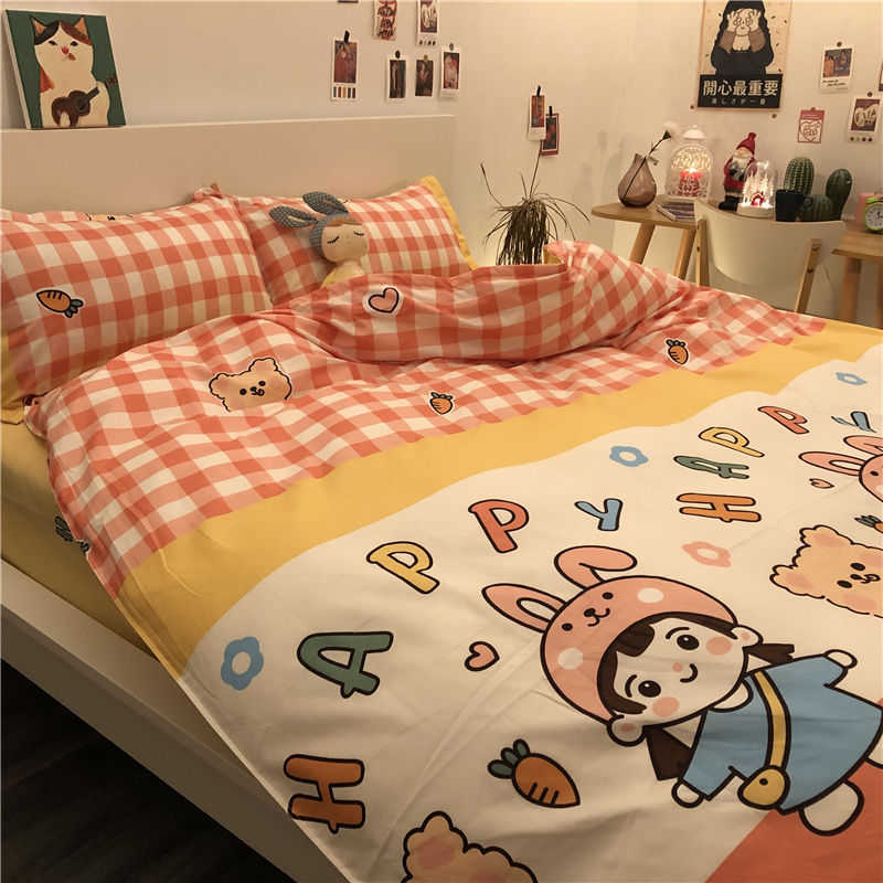 Ins Style Bear Washed Cotton Duvet Cover & Bed Sheets Cartoon Design for Student Dormitory - 3-Piece Simple Four-Piece Bedroom Linen Set W260302