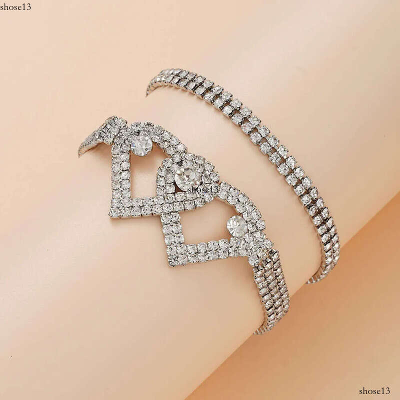 New fashion style exaggerated dia studded heart-shaped ankle chain two-piece set, light temperament foot accessories