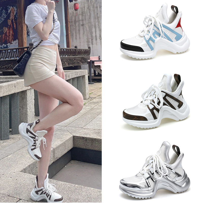 Designer shoes hot free shipping Thick soled raised leather casual shoes color blocked breathable women's shoes black white sliver pink