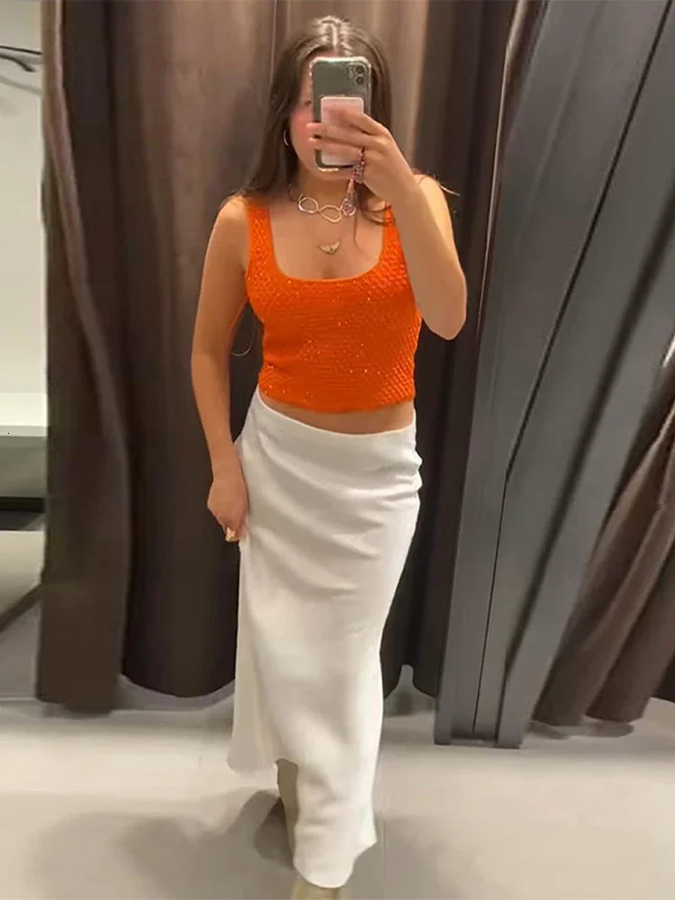 Orange Bright Silk Knitted Vest Cardigans Women Sleeveless U Neck Cropped Tank One Button Short Sleeve Cardigans Lady Sets 250929