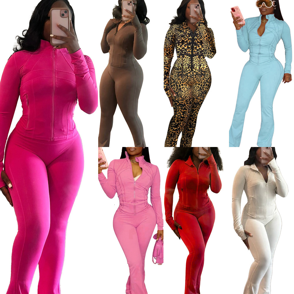 New Autumn Womens Tracksuits Leisure Sweatsuit Sexy Tight Two Piece Set Women Long Sleeve Zipper Neck Jacket Top Flare Pants Casual 2Pcs Jogging Suit Outfits