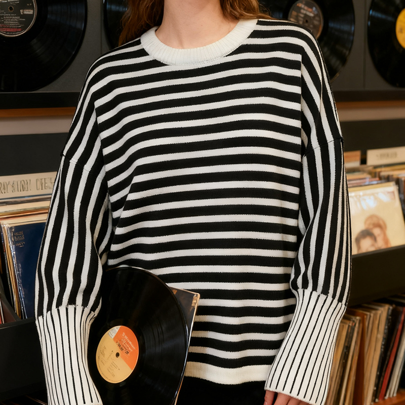 Women's Blouses & Shirts Women's Black and White Striped Round Neck Pullover Sweater - Lantern Sleeve Loose Fit Knitwear for Autumn AS24-023