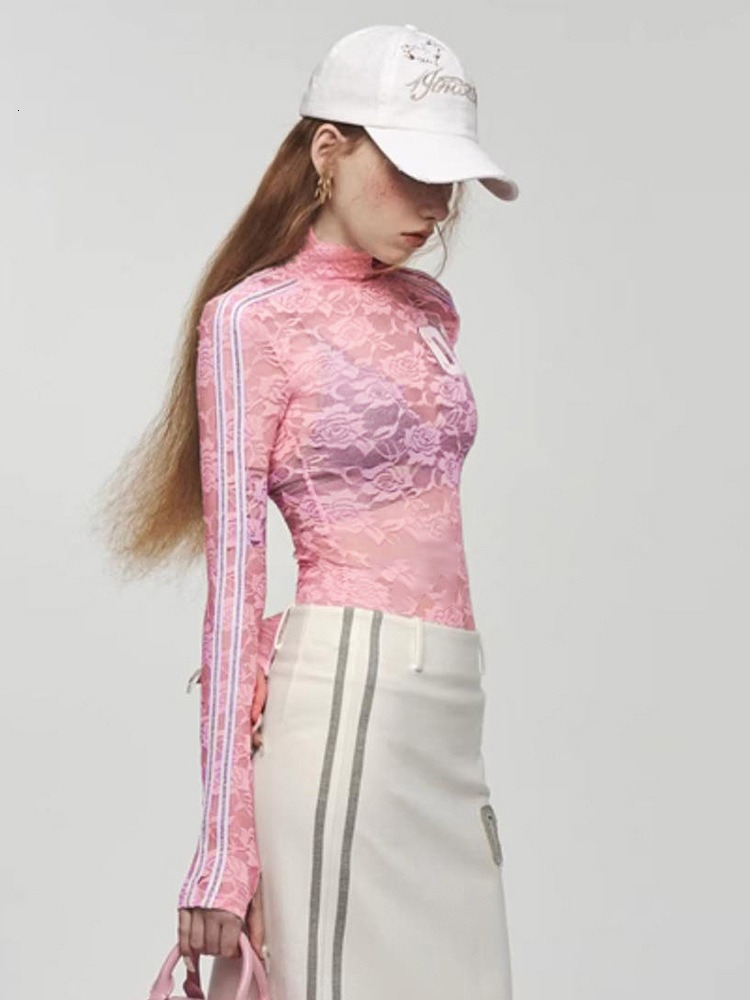 Women's Autumn New Collection: Digital Embroidery High Neck Lace Perspective Set, Finger Long Sleeve Top, T-shirt