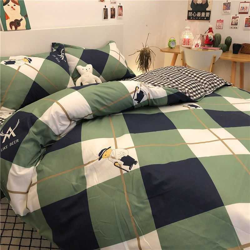 Ins Style Bear Washed Cotton Duvet Cover & Bed Sheets Cartoon Design for Student Dormitory - 3-Piece Simple Four-Piece Bedroom Linen Set W260302