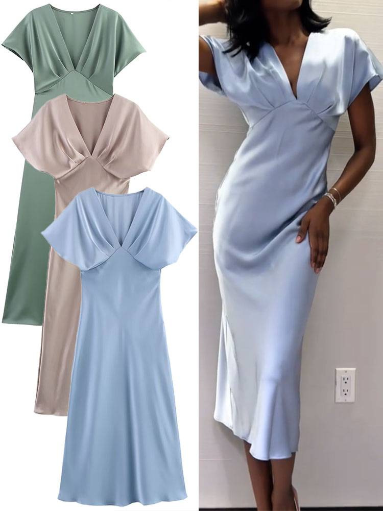 SL158 Summer new European and American style women's fashion temperament leisure satin texture dress