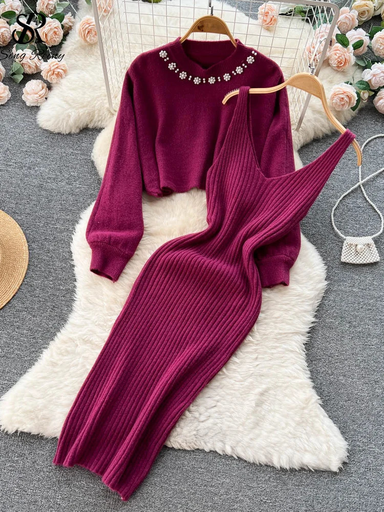 SINGREINY Winter Women Knitted Sets Fashion Breading Long Sleeve Pearl SweaterKnitted Camis Dress Sweater Suits 250818wtt