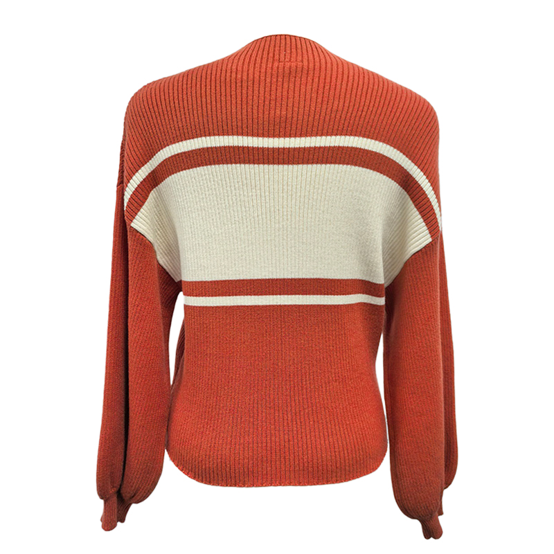 Women's Blouses & Shirts Women's Mock Neck Striped Sweater - Orange Brown & Cream Color Block Loose Batwing Sleeve Pullover, Casual Fall Top