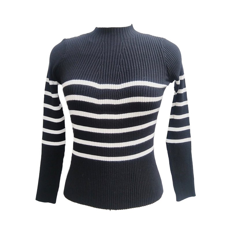 Women's Blouses & Shirts Slim Fit Mock Neck Women's Sweater - Burgundy & White Striped Knit Pullover for Autumn AS24-0218