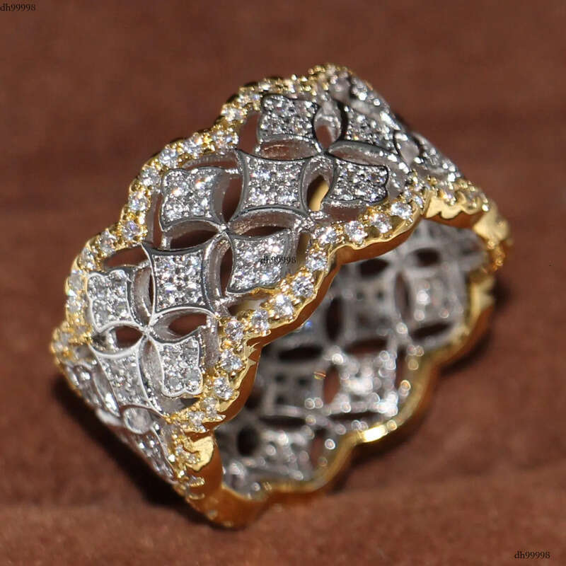 Size 5-11 Cool Cute Sparkling Jewelry Sterling Sier&Gold Filled Prismatic 5A CZ Diamoind Women Wedding Band Ring for Lovers'