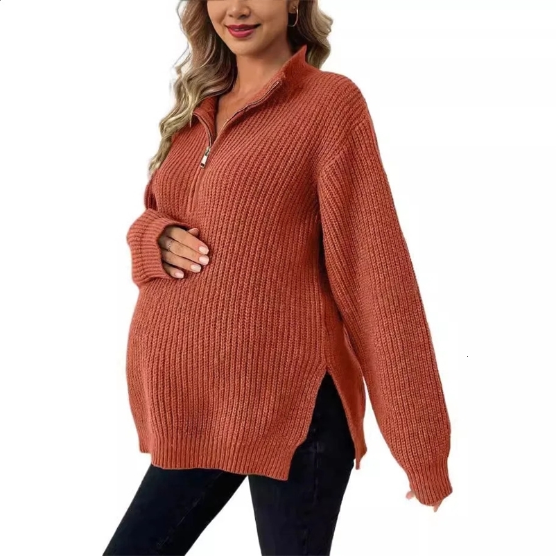 Retro fashion knitted sweater from the United States pregnant womens zipper side split oversized loose top suitable for pregnant women in autumn 24110