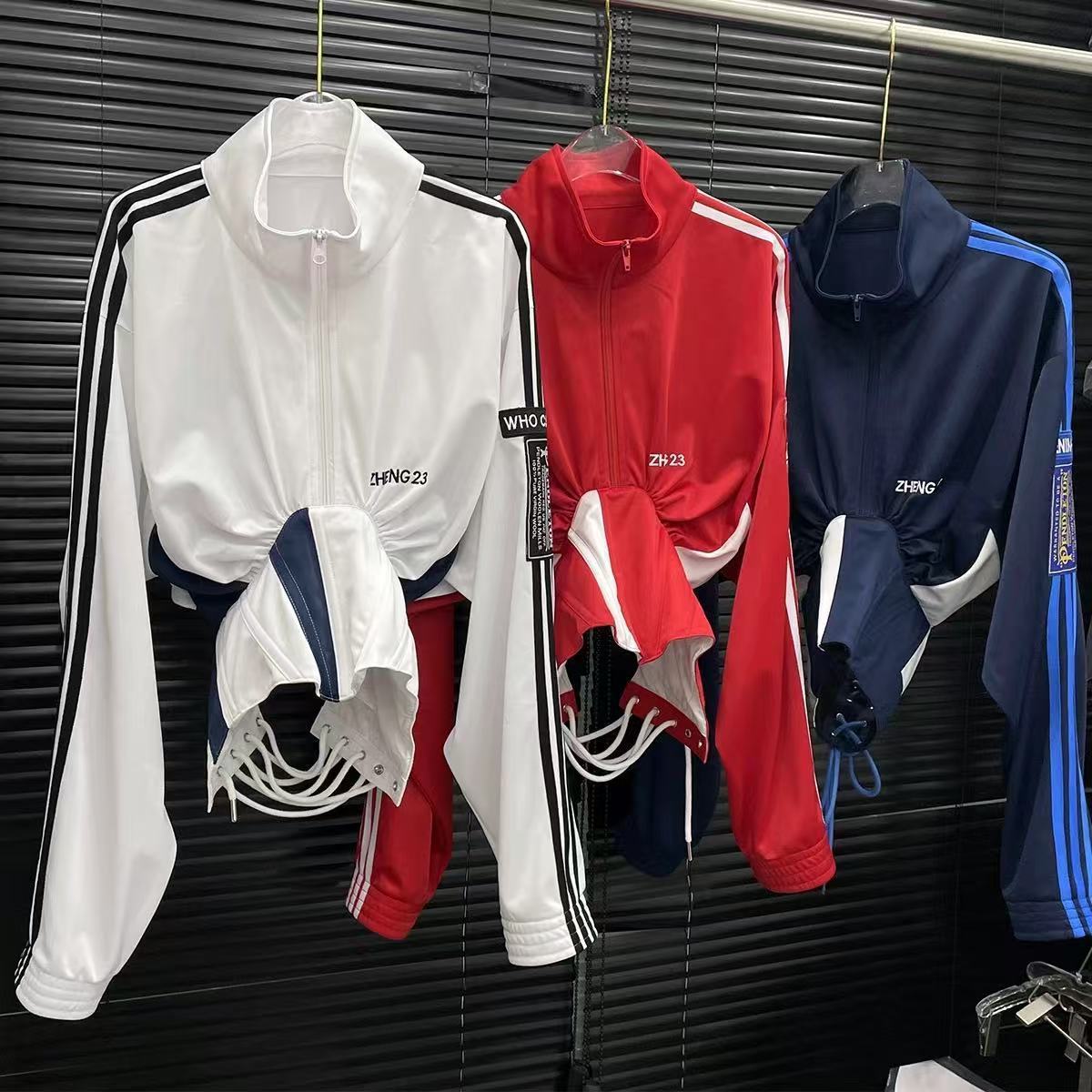 American Style Color Block Patchwork Short Jacket for Women with Tie Design Fishbone Waist Slimming Stand Collar Sun Protection Shirt Top Trendy 25030