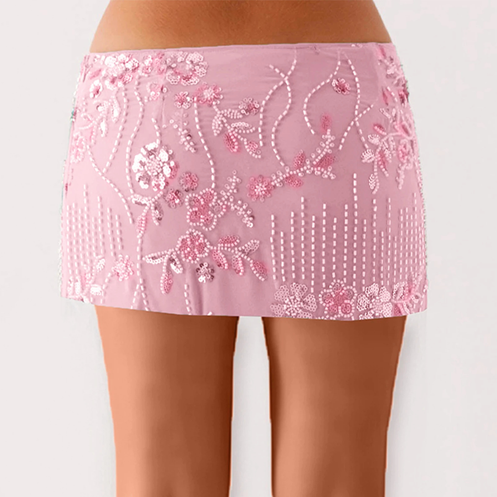 Women Bodycon Sequin Skirt Short Skirt Beaded Flower Low Rise Mini Shiny Glitter Skirts Female Summer Streetwear Y2k Skirts 250922