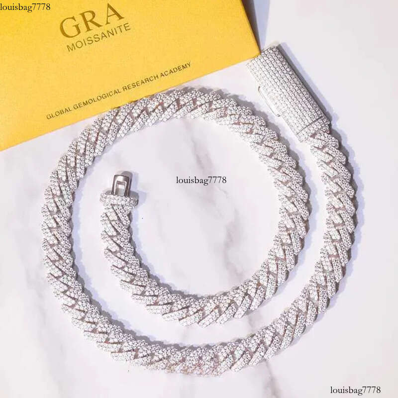 S Solid Sier Chain Jewelry 2rows 10mm 12mm Width GRA Moissanite Dia Cuban k chain Hip Hop Necklace