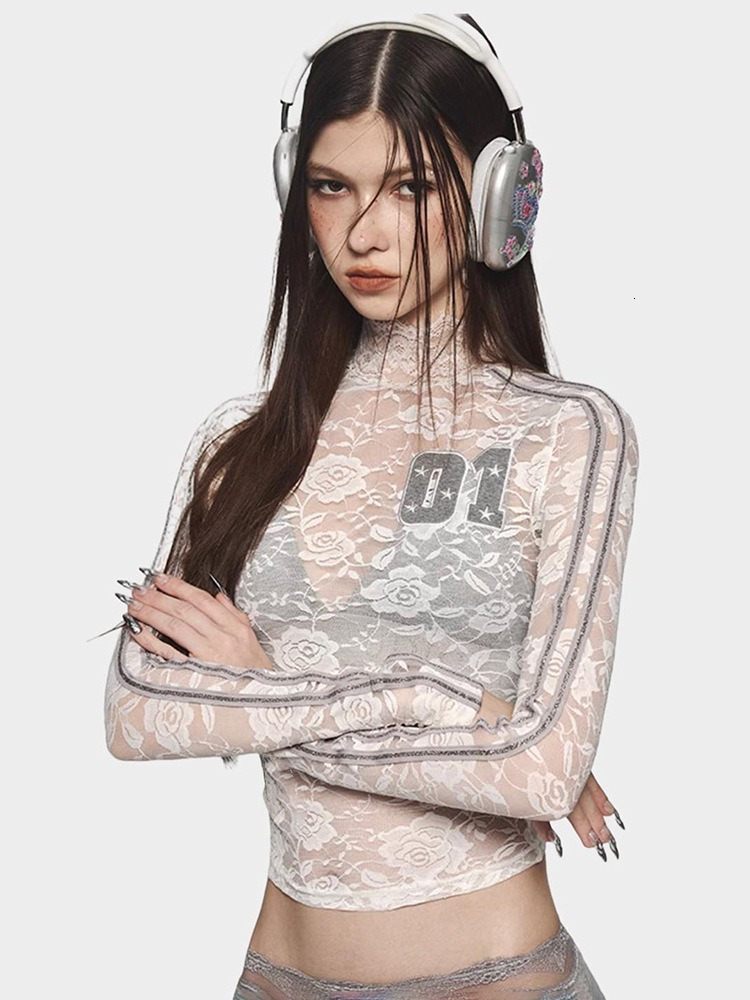 Women's Autumn New Collection: Digital Embroidery High Neck Lace Perspective Set, Finger Long Sleeve Top, T-shirt