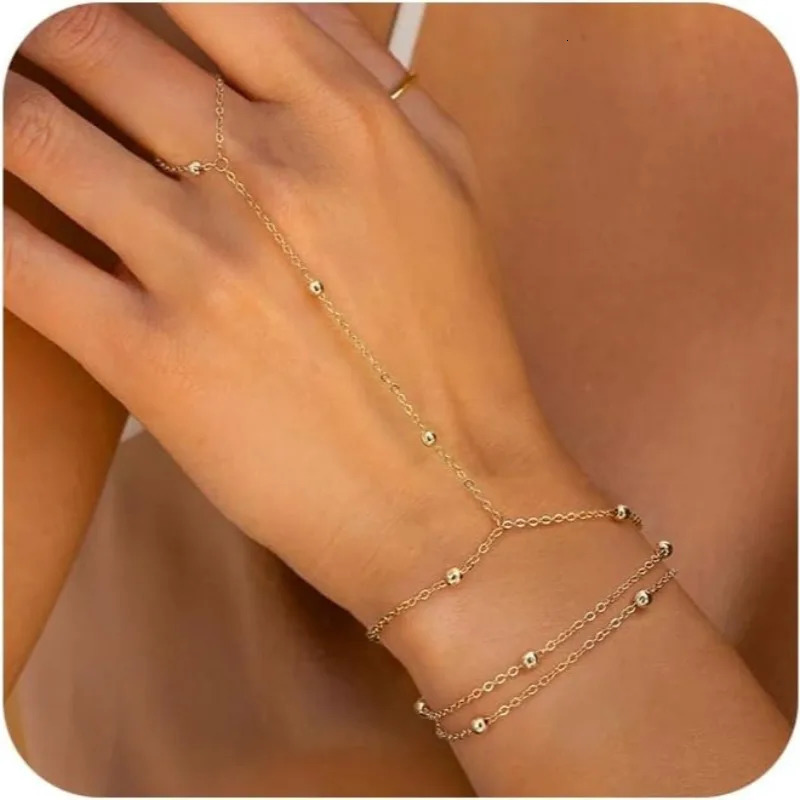 Ring Hand Chain Bracelet for Women Trendy 14K Gold Plated Stainless Steel Bead Satellite Hand Chain Bracelets Jewelry Gift 250922